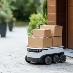 Autonomous robot delivering packages to homes, improving last-mile delivery efficiency.