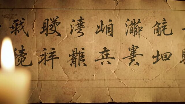 Antique scroll with calligraphy and candlelight