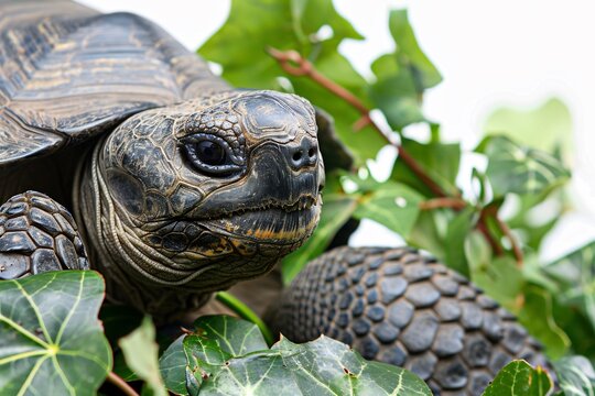 Giant tortoise munching on a leafy branch every wrinkle on its leathery skin visible isolated on a white background