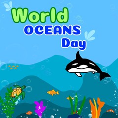 June 8 World Oceans Day banners, posters, stickers.