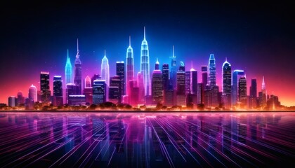 Fototapeta premium Neon City Skyline Silhouette Urban Futurism and Electric Nighttime Aesthetic