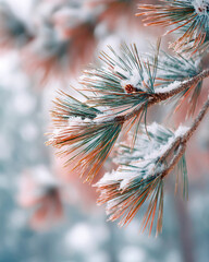 A branch covered in snow and leaves