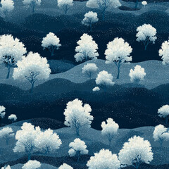 A blue and white image of a snowy landscape with trees