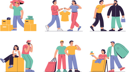 Obraz premium Young people moving, packing, shopping, and helping friends with boxes, bags, and clothes – lifestyle and teamwork concept in flat cartoon style vector illustration