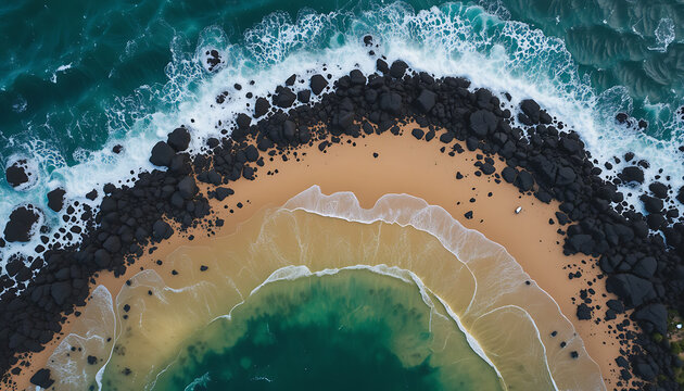 Top-down aerial view of a crescent-shaped beach bordered by steep volcanic black rock formations, with emerald green ocean swirling at the edges and golden sand partially wet from the tide. - Powered by Adobe