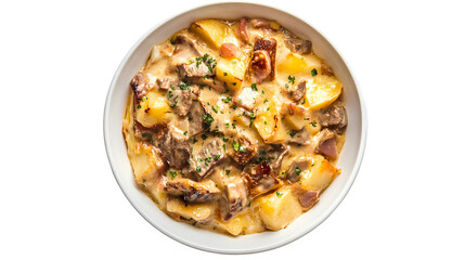 Overhead shot of a white bowl filled with potato beef stew garnished with fresh herbs on  isolated on transparent background