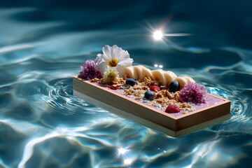 Side Close-Up of Floating Breakfast Smoothie Bowl with Granola and Edible Flowers on Turquoise Water