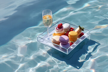 Overhead View of Floating Breakfast with Macarons, Fruit Tarts, and Sparkling Orange Juice on Still Pool