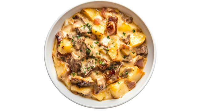 Overhead shot of a white bowl filled with potato beef stew garnished with fresh herbs on  isolated on transparent background