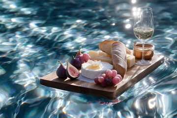 Rustic Floating Breakfast Tray with Cheeses, Fresh Figs, Grapes, Artisan Bread, and White Wine on Crystal-Clear Water