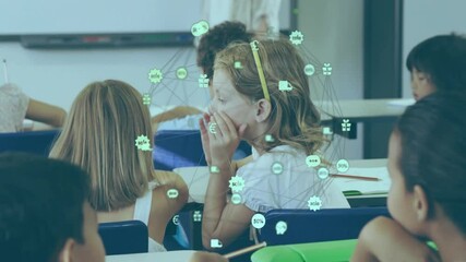 Classmates writing with notebooks in education while pausing strokes and sharing secret - Powered by Adobe