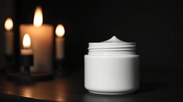 A white jar of cream with a swirl of product on top sits on a dark wooden surface in front of a blurry background of three lit candles