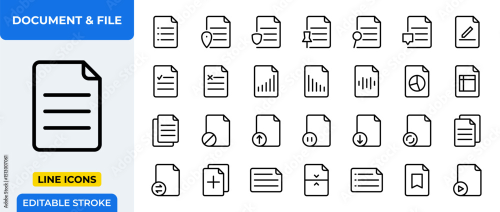 Poster document and file management line icons set - paper, folder, data, and office outline vector editabl