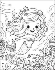 Beautiful little mermaid sea princess in underwater scenery black vector outline coloring page for kids