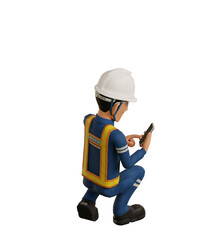 Isolate industrial worker is using the mobile phone on transparent background