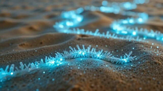 Frosty aqua blue fairy lights meandering like icy rivers, softly glowing on solid golden sand background.
