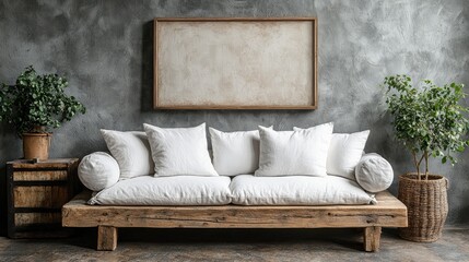 Rustic, minimalist living room with a white sofa and wooden accents.