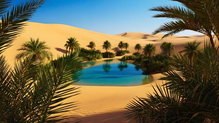 Fototapeta premium First person camera angle , Oasis blue water and forest in the desert.