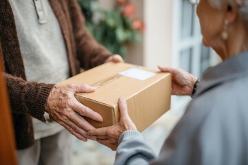 Elderly Person Receives Medication Delivery From Courier in Clean Outdoor Setting