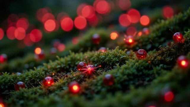 Deep ruby red fairy lights in random clusters, twinkling like embers on solid forest moss green background.
