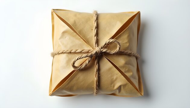A parcel wrapped in brown paper and tied with twine on a light blue background