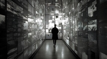A person walks through a futuristic corridor lined with illuminated digital screens displaying monochrome images. Generated AI.