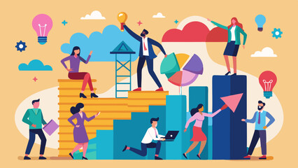 Team climbing graph with lightbulbs and pie chart nearby