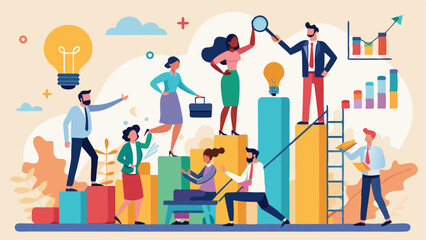 Diverse team members climbing bar chart to success goal