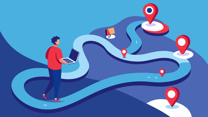 Man with laptop following a winding path with markers