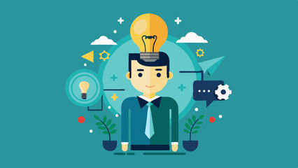 Man with lightbulb above head surrounded by icons