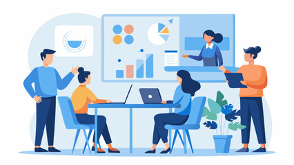 Team meeting with charts and online presentation view