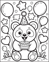 A cheerful cute panda celebrate birthday black outline vector animal coloring page design for kids