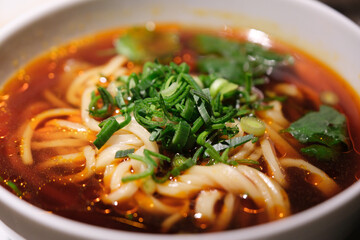 Chinese noodle soup close up