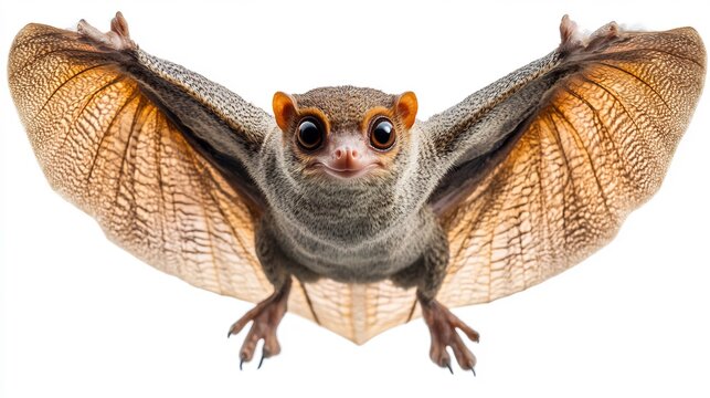 Gliding colugo its large skin flaps spread wide soft fur and gentle face captured in high resolution isolated on a white background
