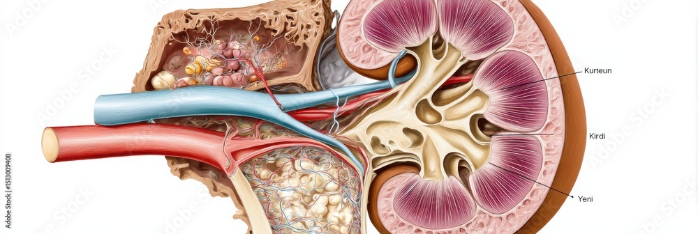 Aufkleber detailed cross-section diagram of kidney anatomy with labeled structures and minimal upper part
