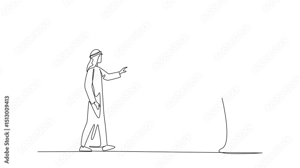 Poster animation of single continuous line drawing an arab man chases a hook with a dollar coin attached. s