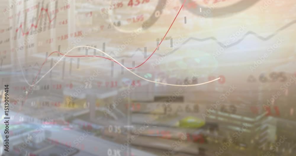 Poster on overlay, animating white and red curves showing peaks and dips over airport visualizing data