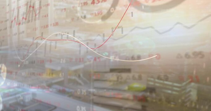 On overlay, animating white and red curves showing peaks and dips over airport visualizing data