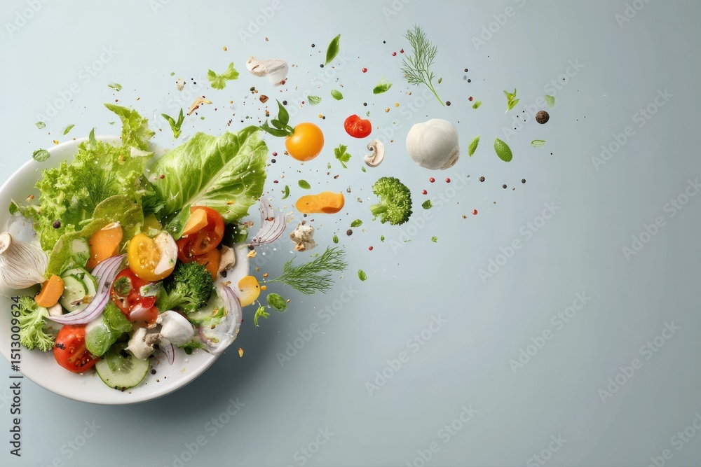 Poster fresh ingredients effortlessly floating around a vibrant salad bowl with minimalistic composition