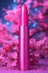 Pink lipstick with glitter on a surface with flowers