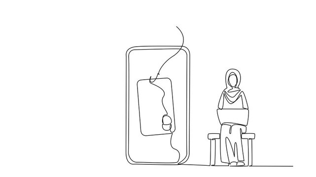 Animated self drawing of single continuous line drawing an arab woman sits typing on laptop and thief hides fishing for credit cards. National Senior Fraud Awareness Day. Full length animation - Powered by Adobe