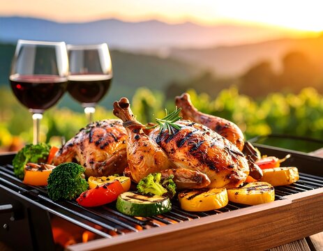 Grilled chicken and vegetables at sunset