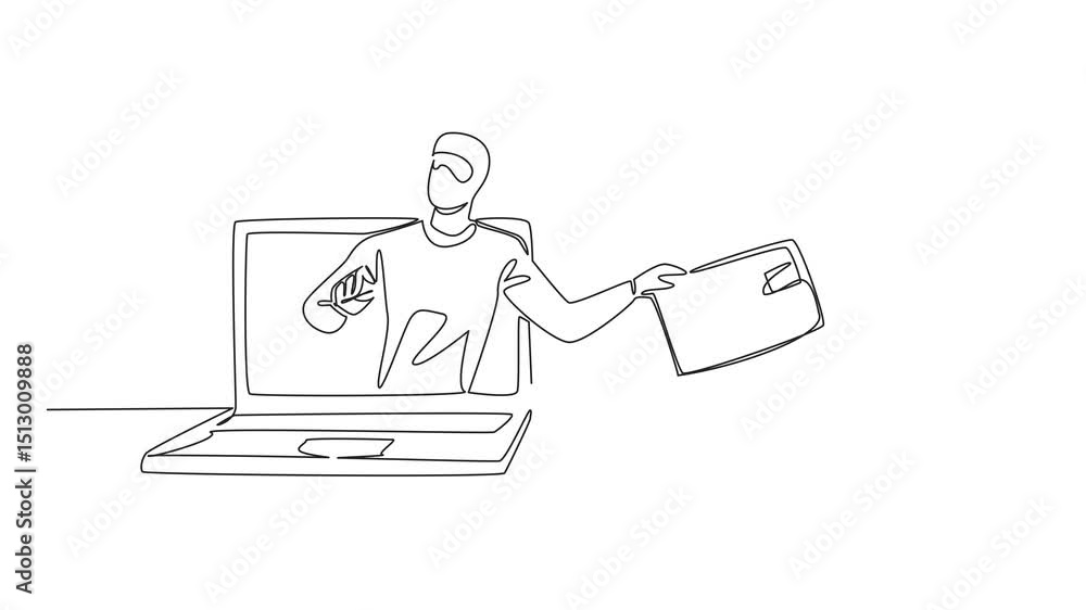 Poster animation of single continuous line drawing a masked thief taking a credit card from another laptop 