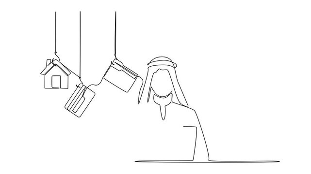 Animated self drawing of continuous one line drawing an arab woman typing on a laptop and 5 important icons. Setting a different password. National Senior Fraud Awareness Day. Full length animation