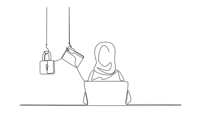 Animation of continuous one line drawing an arab woman typing on a laptop and 5 important icons. Using combination passwords. Safe. National Senior Fraud Awareness Day. Full length motion