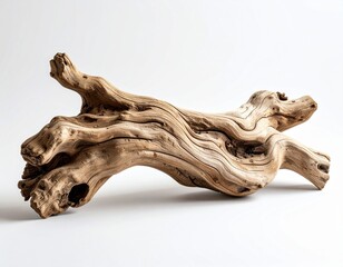 Dynamic driftwood piece isolated on white background 