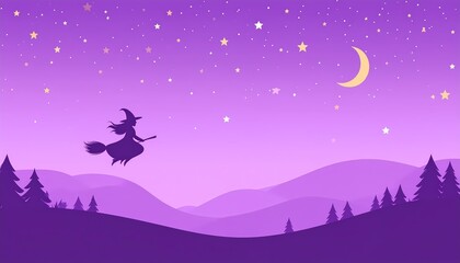 Naklejka premium A witch flying on a broomstick across a starry night sky over the hills. Perfect for Halloween background.