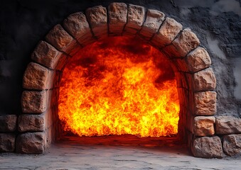 Stone archway with blazing fire
