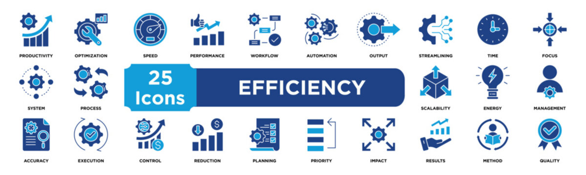 Efficiency icon collection set. Containing productivity,optimization,speed,performance,workflow,automation,output,streamlining,time,focus icon. Solid vector icons collection,.