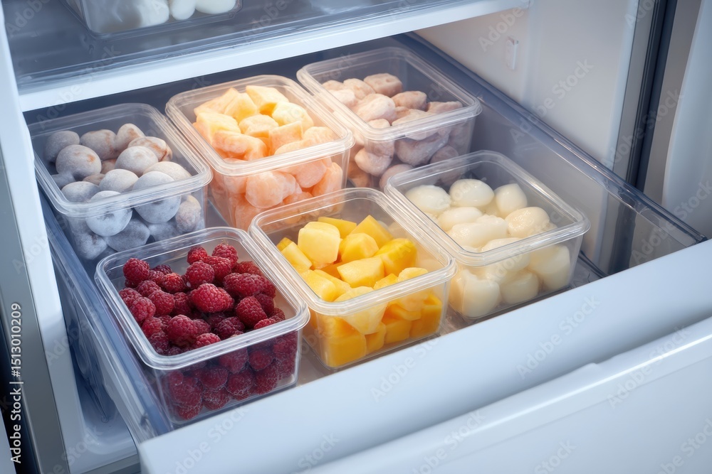 Poster organized modern freezer with clear containers of frozen fruits and vegetables revealing efficient s